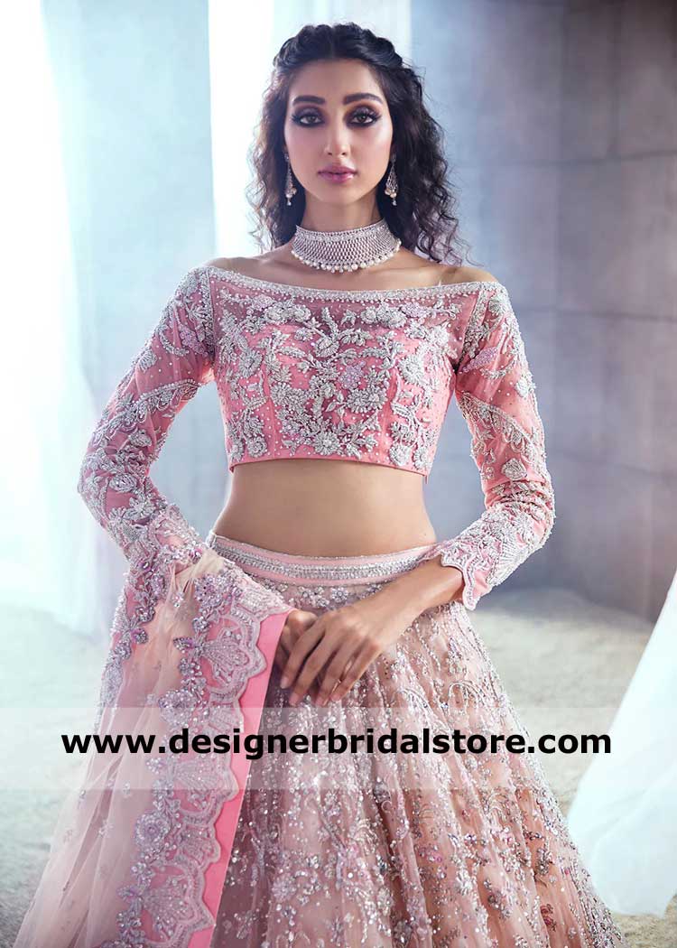 Erum khan elegant runway bride lehenga choli dress with net frill on lehenga London Birmingham UK
