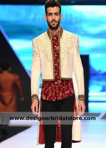 Amir adnan stylish High low groom wedding sherwani koti style from front and long back with pants UK USA Canada Australia New zealand