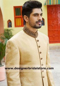 Amir adnan classic Jamawar light gold wedding sherwani suit hand embellished by kora dabka stones on collar and cuff UK USA Dubai Australia Canada