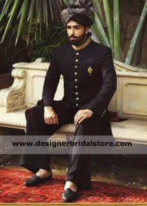 Azfar Rehman in Amir adnan Embroidered black raw silk and suiting fabric nikah barat sherwani with pretied black turban and shoes UK USA Canada Australia Norway