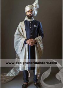 Naushemian brand Nauman Arfeen royal blue raw silk and suiting fabrics wedding sherwani set with Embroidered Organza Turban and monotone inner kurta trouser UK USA Dubai Sweden Germany