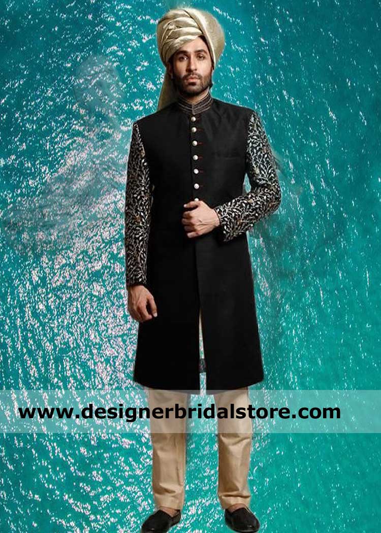 Black Men Sherwani by Amir adnan with Embroidered Sleeves and Collar for wedding Toronto Vancouver Canada