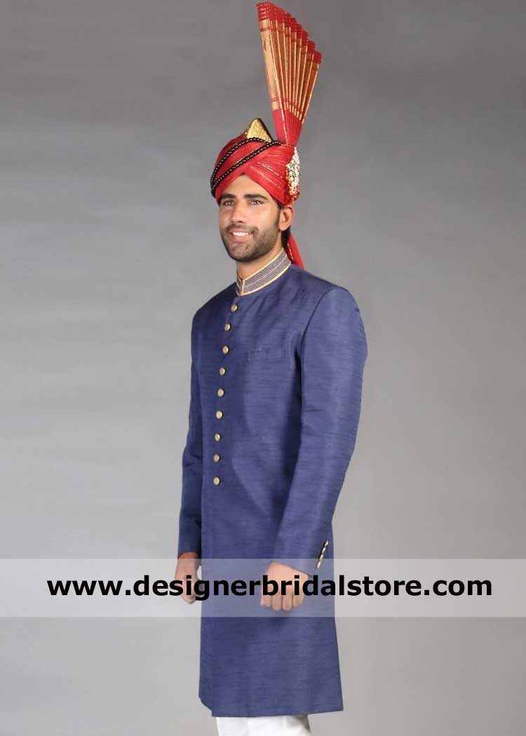 purplish blue Pakistani wedding sherwani from designer UK USa Canada