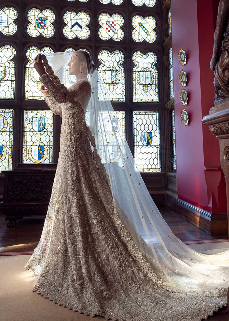 Ayeza khan wearing off white hand embellished gown crystal pearl kora work fancy type