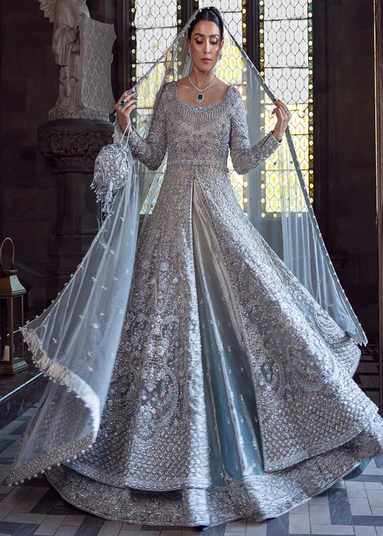 ice blue front open bridal gown with lehenga for walima