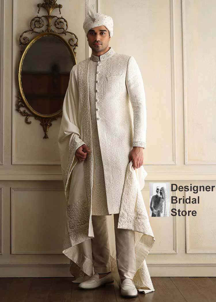 off white embroidered wedding sherwani style for men nikah barat day