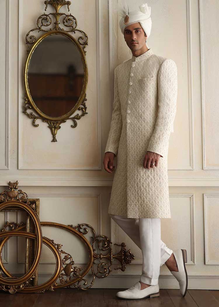 off white designer sherwani suit set for Nikah
