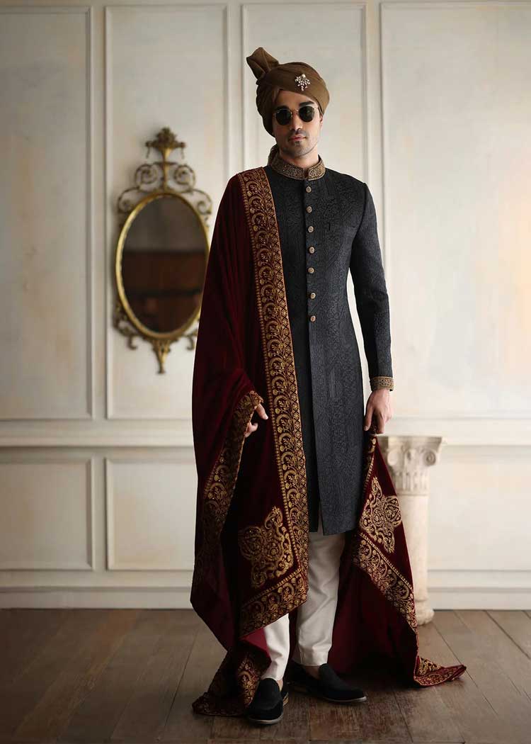 Black self embroidered wedding sherwani London Dubai Chicago