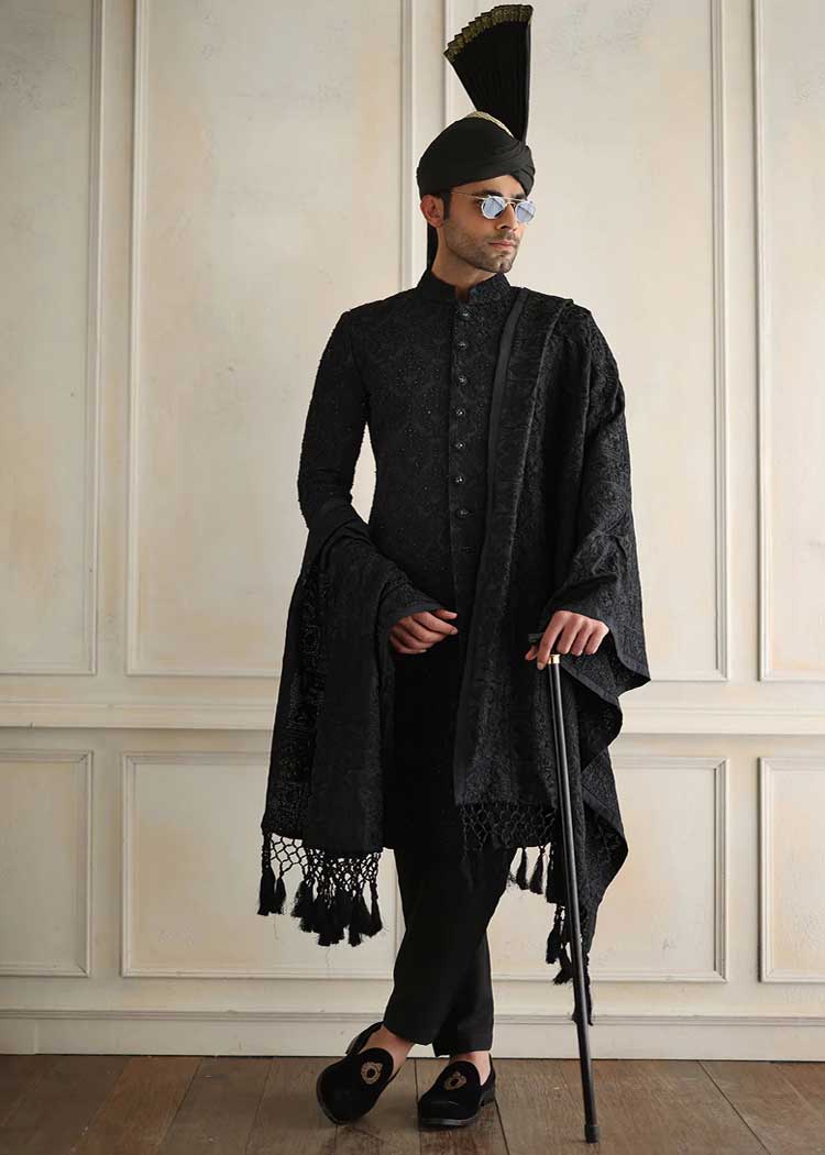 Black self embroidered Men Nikah Sherwani France Germany Sweden