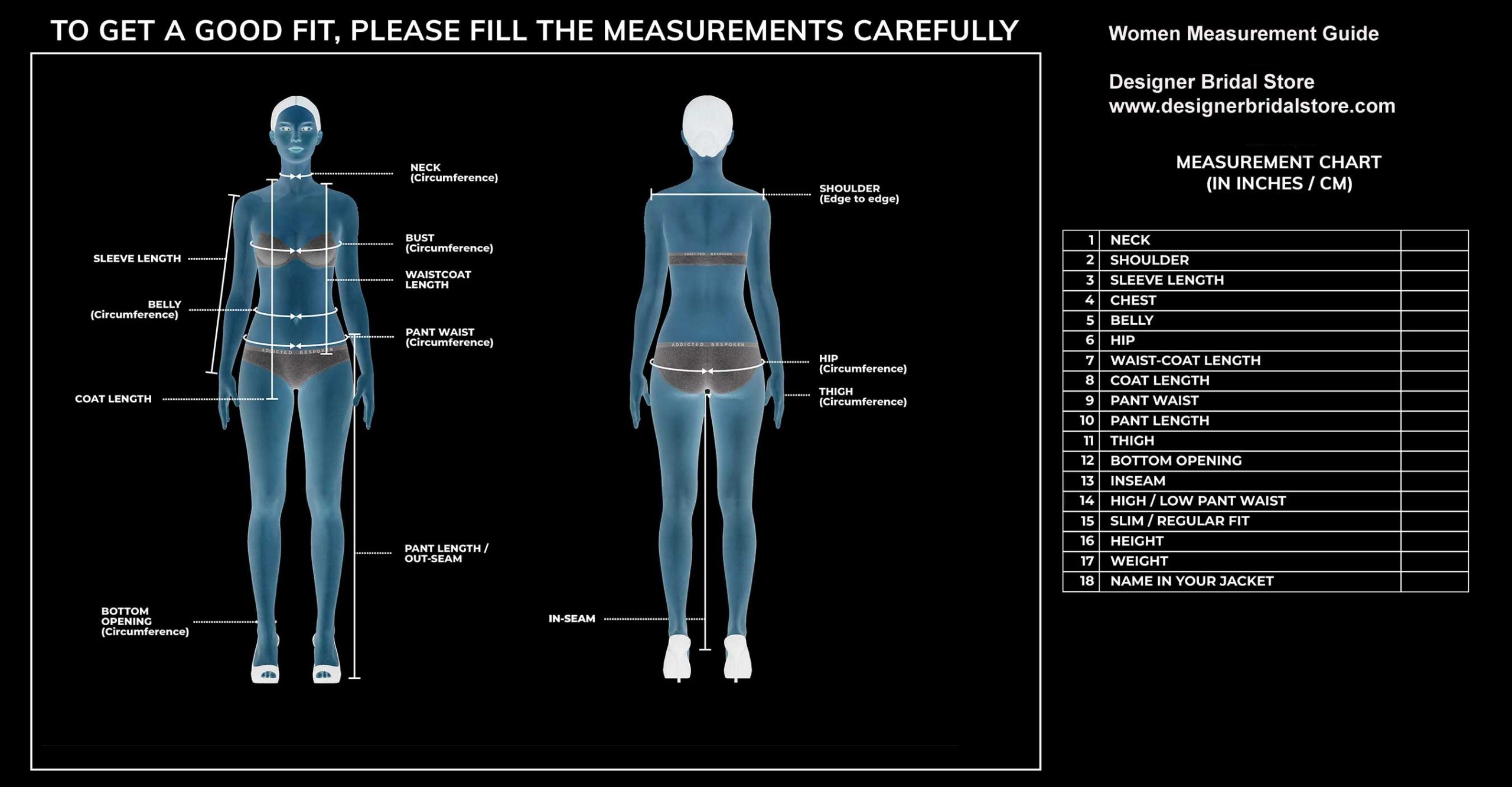 Women measurement guide for garment stitching 