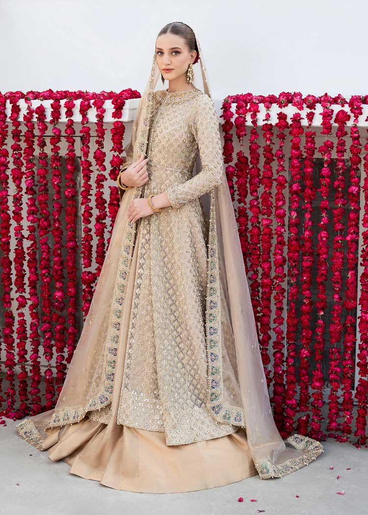 long bridal peshwas dress with gold heavy hand work on gown lehenga dupatta