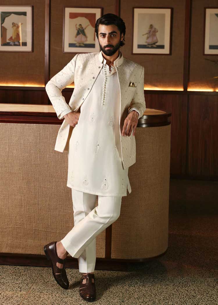 off white embroidered waistcoat with kurta pajama
