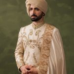 groom peach gold embellished nikah sherwani set