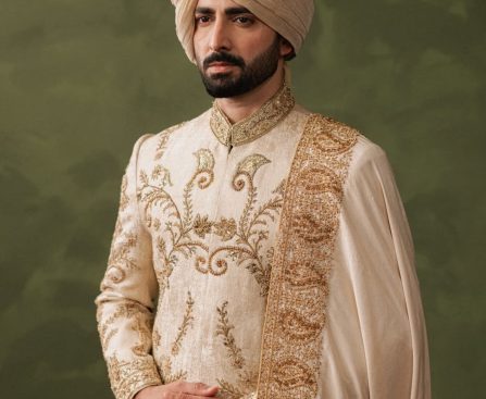 groom peach gold embellished nikah sherwani set