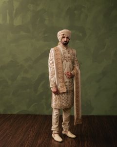 Latest Champagne Gold Groom Wedding Sherwani style with turban shoes and shawl Germany France Dubai