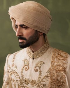 Champagne gold embroidered groom shawl for sherwani and pretied turban for nikah France Germany Singapore Malaysia Pakistan