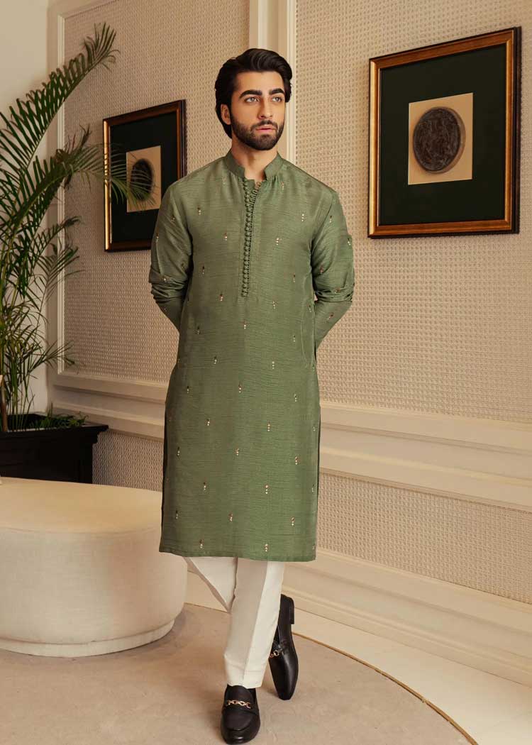 Loop buttons Green embroidered Men kurta