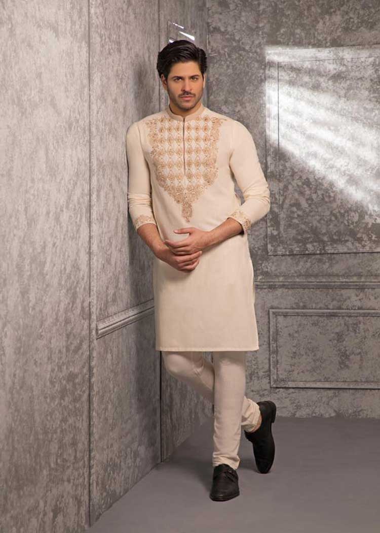 off white gold men embroidered kurta pajama