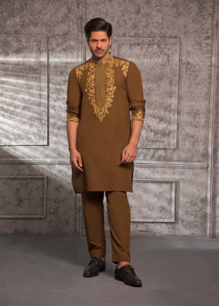 brown embroidered men kurta pajama dress
