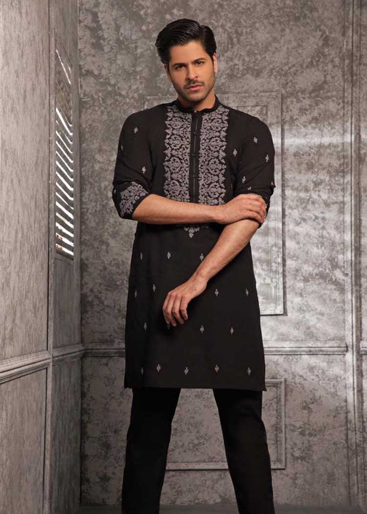 black embroidered men kurta with pajama for occasion and eid
