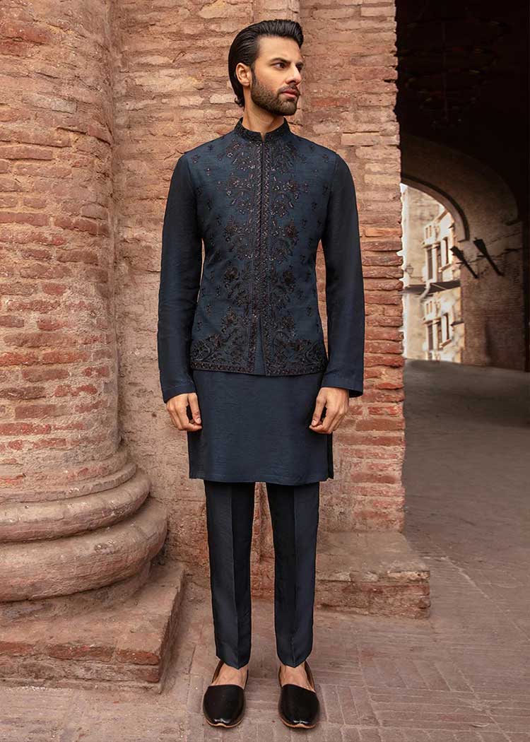 Navy blue embroidered waistcoat for dulha UK USA Canada