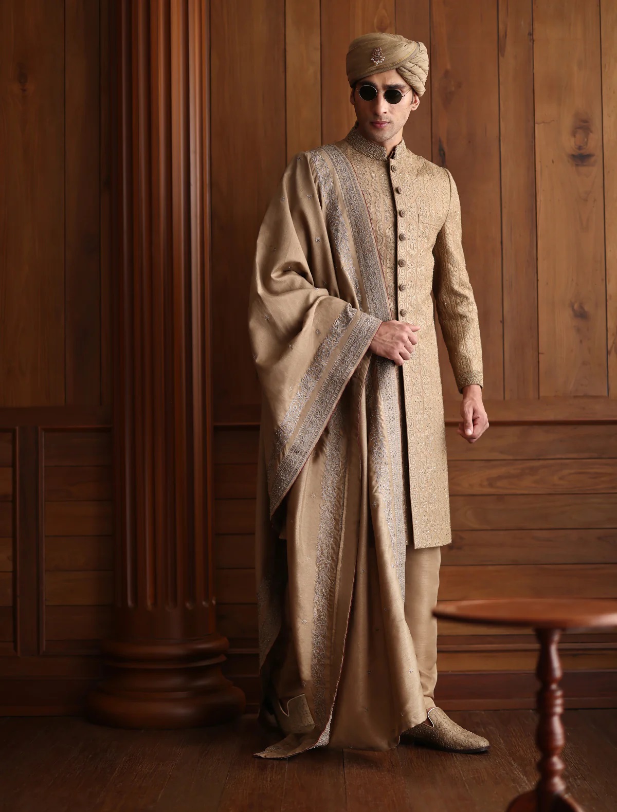 Groom wedding sherwani hand embroidered with turban and shawl