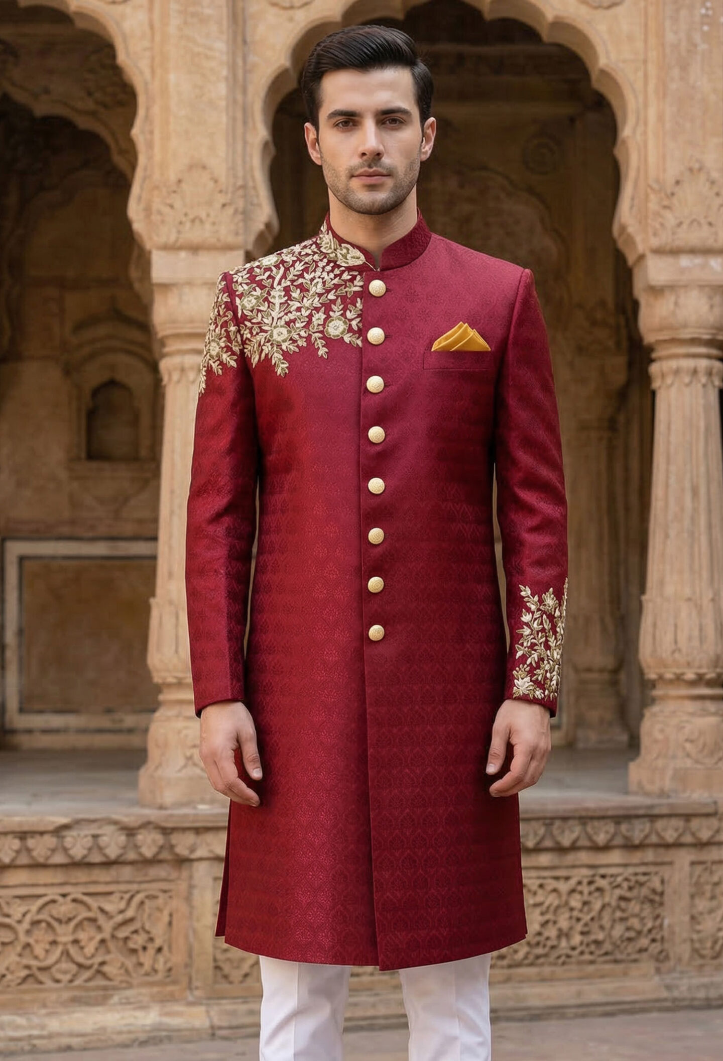 Red embroidered sherwani with gold hand work detail
