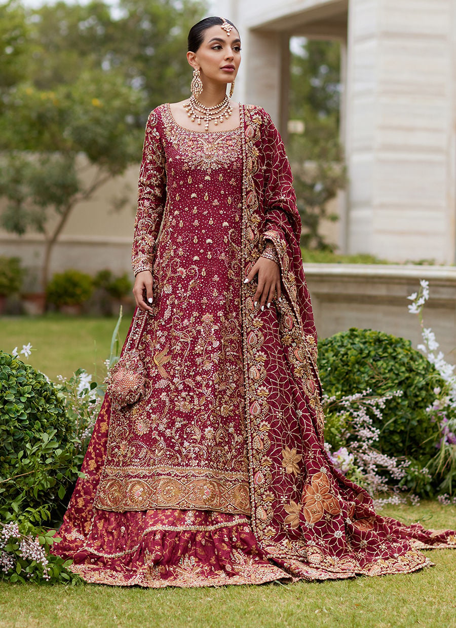 cherry red bridal dress and farshi lehenga